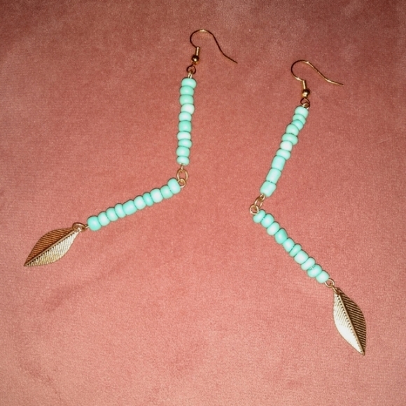 KATTA Long 4.5" Handmade Dangle Earrings Gold Turquoise Leaf Feather Charms New - Picture 4 of 10